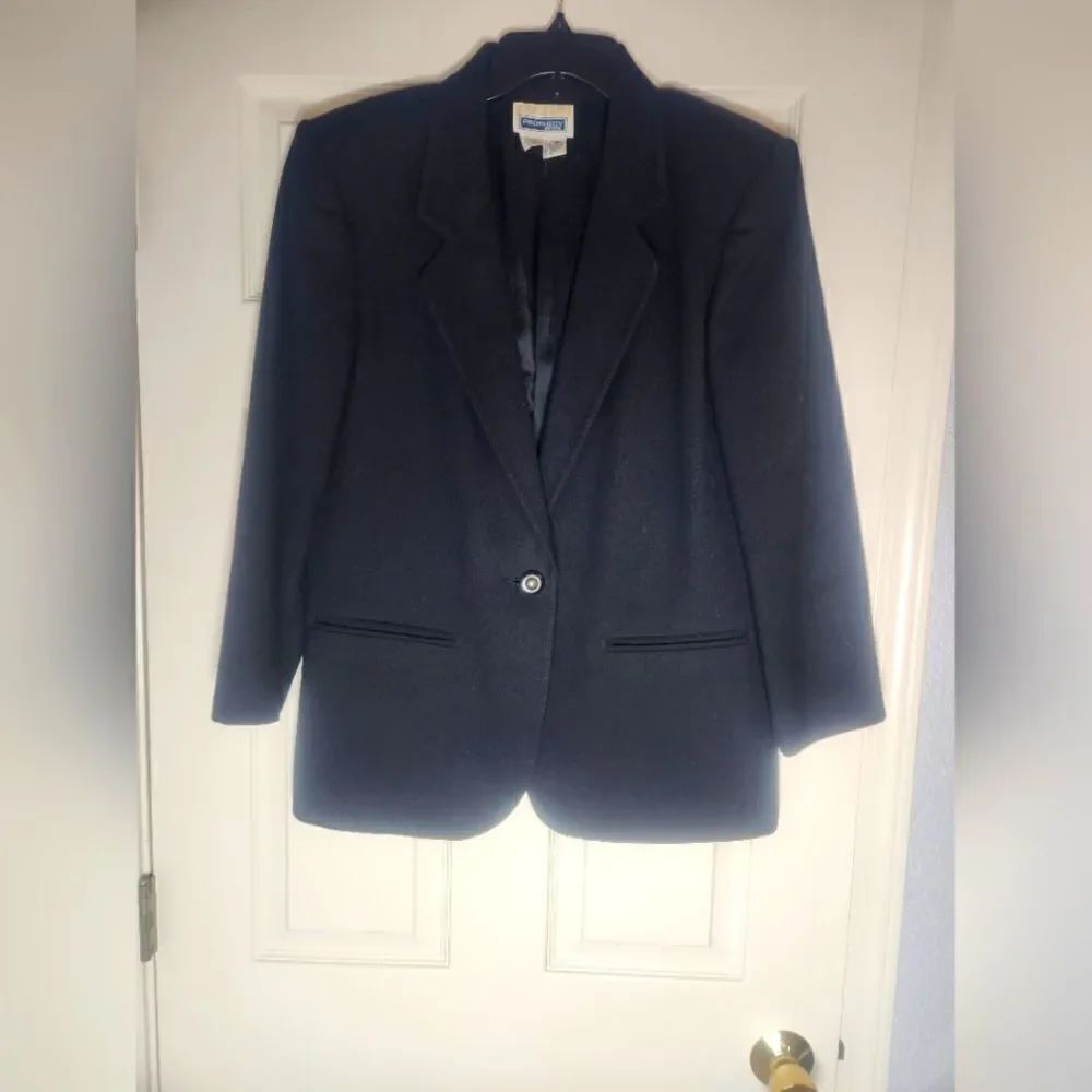 Vtg Prophecy Petite 10 Black 100% PURE WOOL Lslv Lined 1 Button Women's Blazer